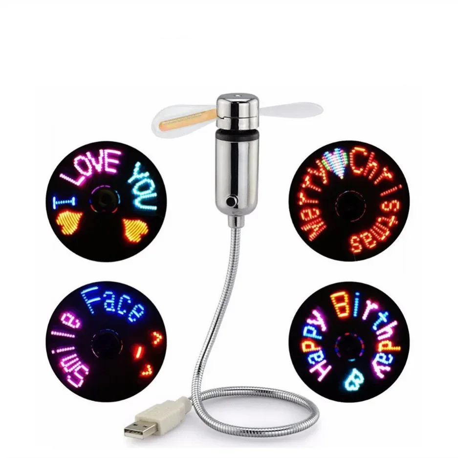 Wholesales Small USB Mini Fan Custom Content Programming Creative Colorful LED RGB Flash Light Emitting USB Gadget Gift Bulk