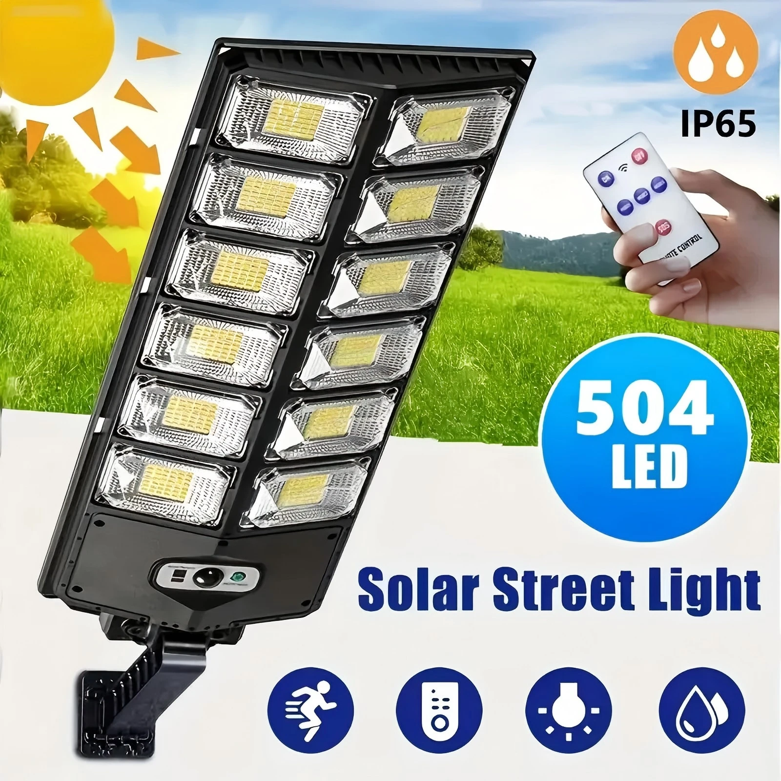 ソーラーライト-屋外-防水-504-led-フラッドライト-人感センサー-リモコン付き-3モード-街路灯-庭園-歩道用