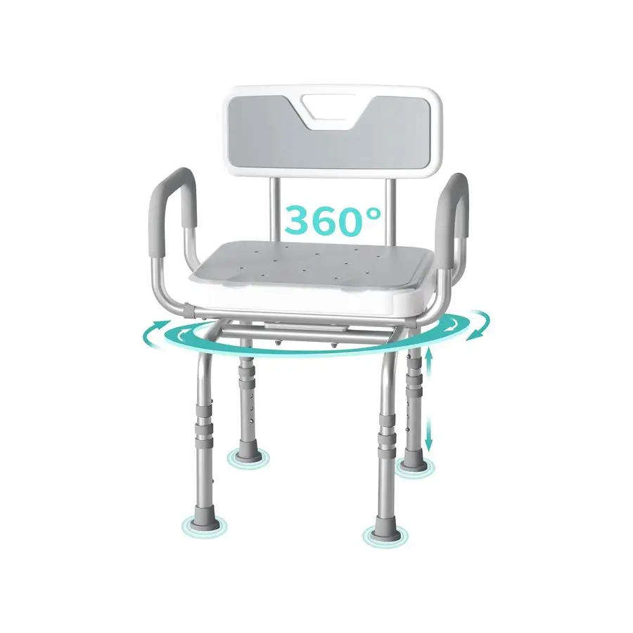Shower Chair, Shower Seat with Arms and Back for Seniors Elderly Disabled, Height Adjustable 500 lbs Capacity, 360 Rotatable Sea