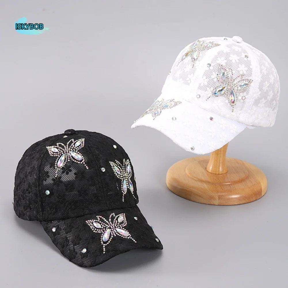 

Fashion Butterfly Flower Baseball Cap Rhinestone Lace Visors Cap Adjustable Hip Hop Mesh Peaked Hat Women