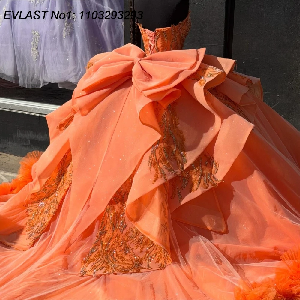 EVLAST Customized Sparkly Orange Quinceanera Dress Ball Gown Shiny Ruffles Applique Beading Party Sweet 16 Dress 15 Años AQ476