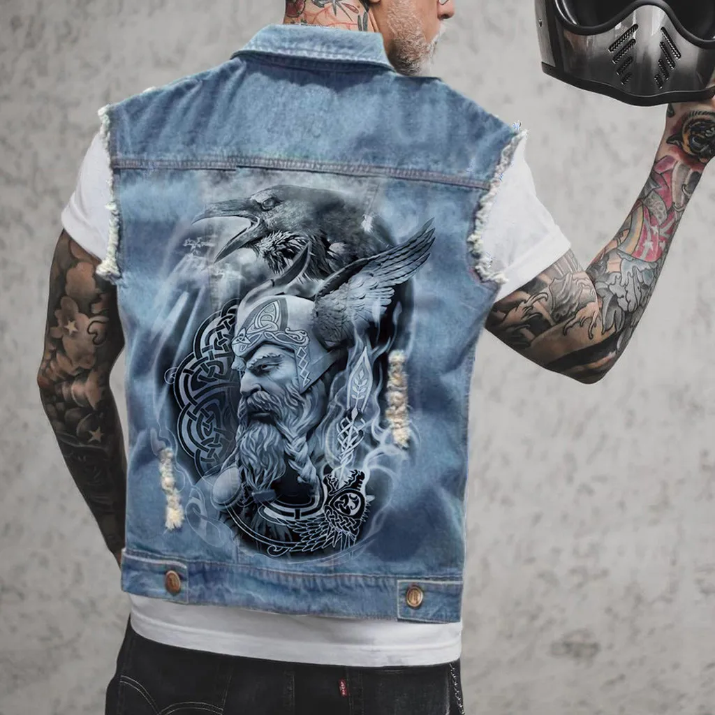 Men's Spring And Summer Four Seasons New Hot-selling Street Riding Motorcycle Peng Skull Print Sleeveless Vest Denim