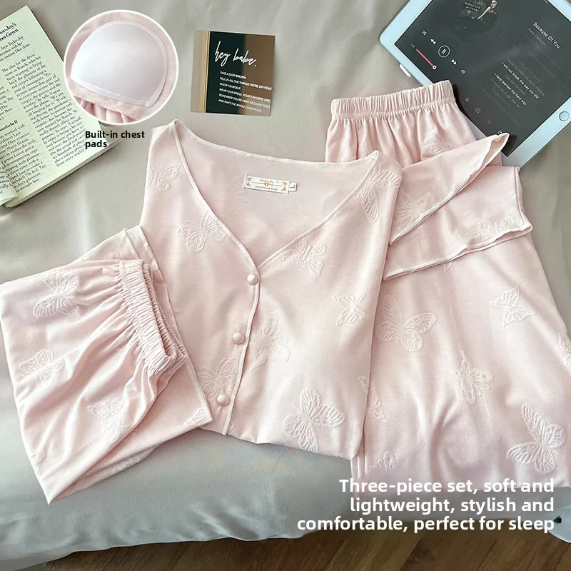 

Sweet Style Knitted Cotton Silk Sleepwear Short Sleeve Thin Home Clothes Three-piece Set for Women Summer Breathable Outerwear