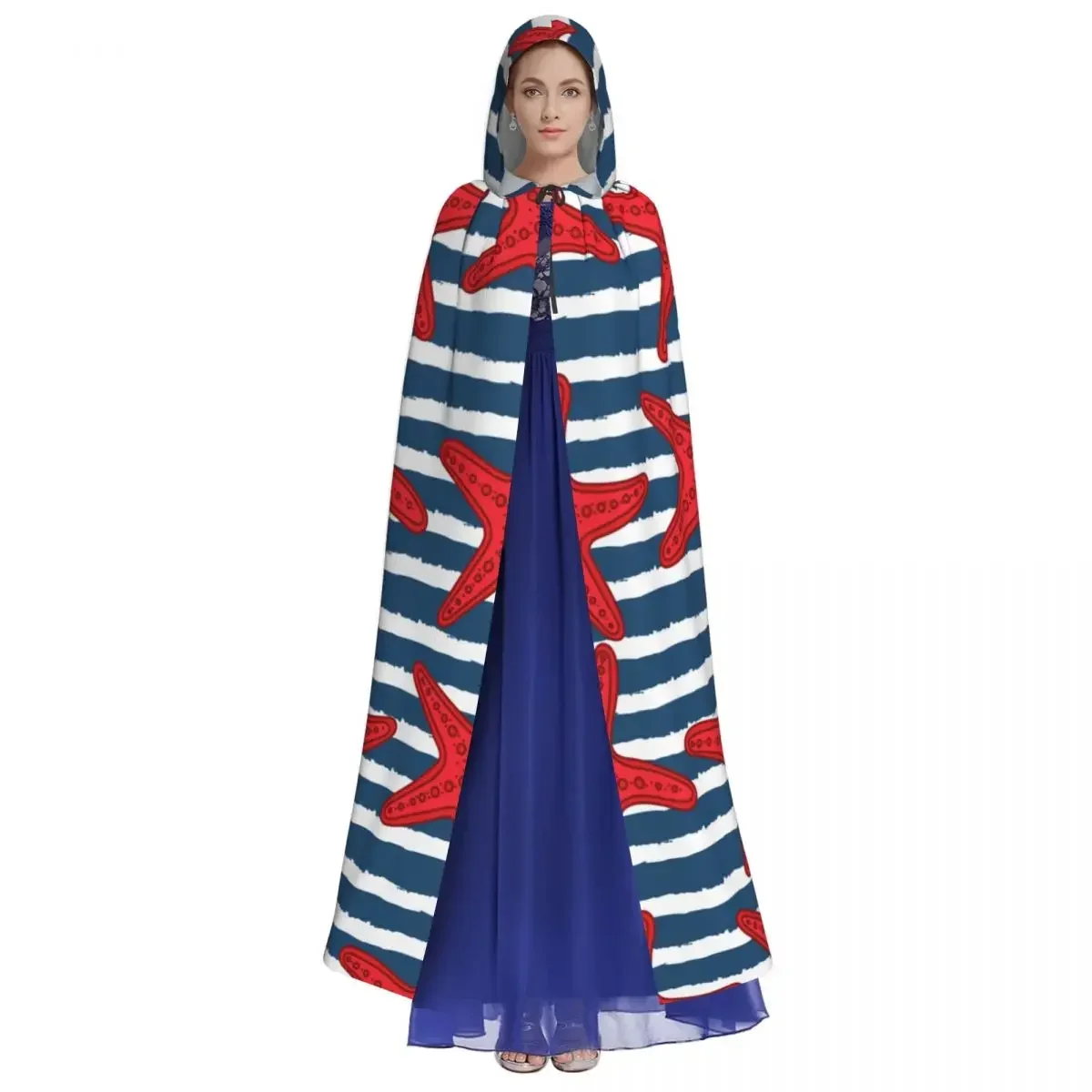 Adult Vampire Cape Hooded Robe Starfishes On Navy Striped Halloween Full Length Cosplay