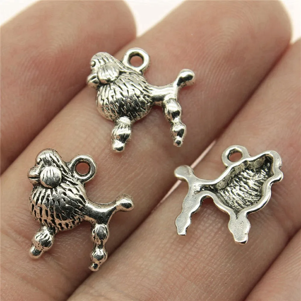 20pcs/lot 14x14mm Poodle Puppy Charms For Jewelry Making Antique Silver Color 0.55x0.55inch