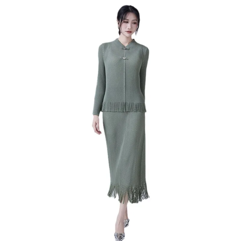 Miyake Fringe Skirt 2-piece Set Simple High-quality Fish Scale Pleated Fashion Atmosphere Slim Skirt Suit Set 2024 Early Spring