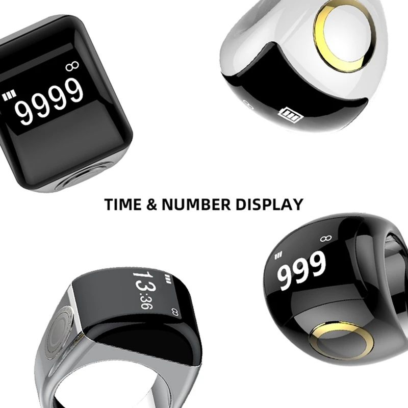 Anello intelligente in lega di zinco con scatola di ricarica Contatore digitale impermeabile Display controllato da APP 5 promemoria tempo di preghiera Argento, 20 mm