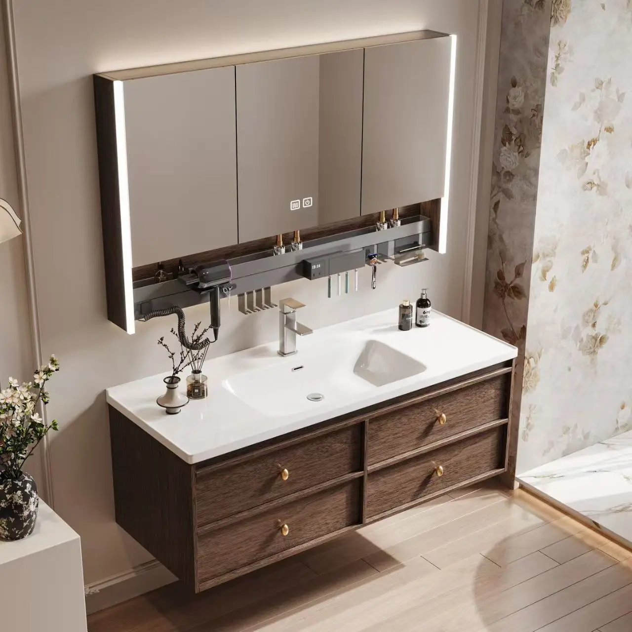 Medieval style honeycomb aluminum bathroom cabinet combination walnut color bathroom ceramic integrated hand washing basin