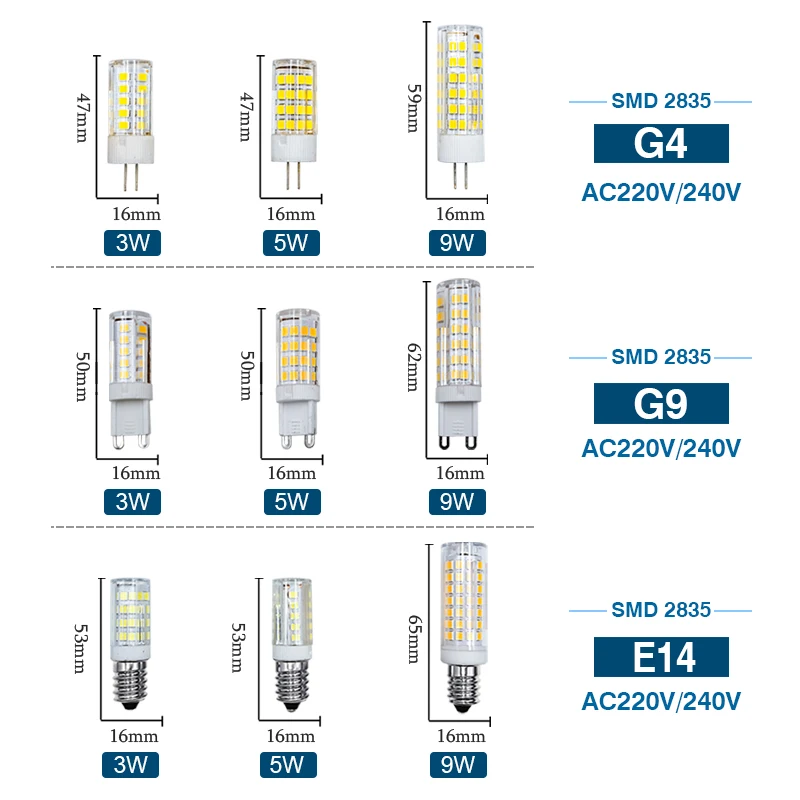 Lâmpada led g4 g9 e14, 3w 5w 9w, 220v, smd2835, holofotes, lustre, substituir, lâmpadas de halogéneo, branco frio/quente, conjunto de 10 peças