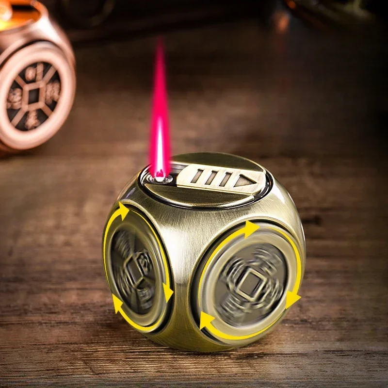 2026 New Mini Metal Four Sided Rotating Gyroscope Dice Inflatable Lighter Windproof Jet Flame Decompression Lighter Men's Gift