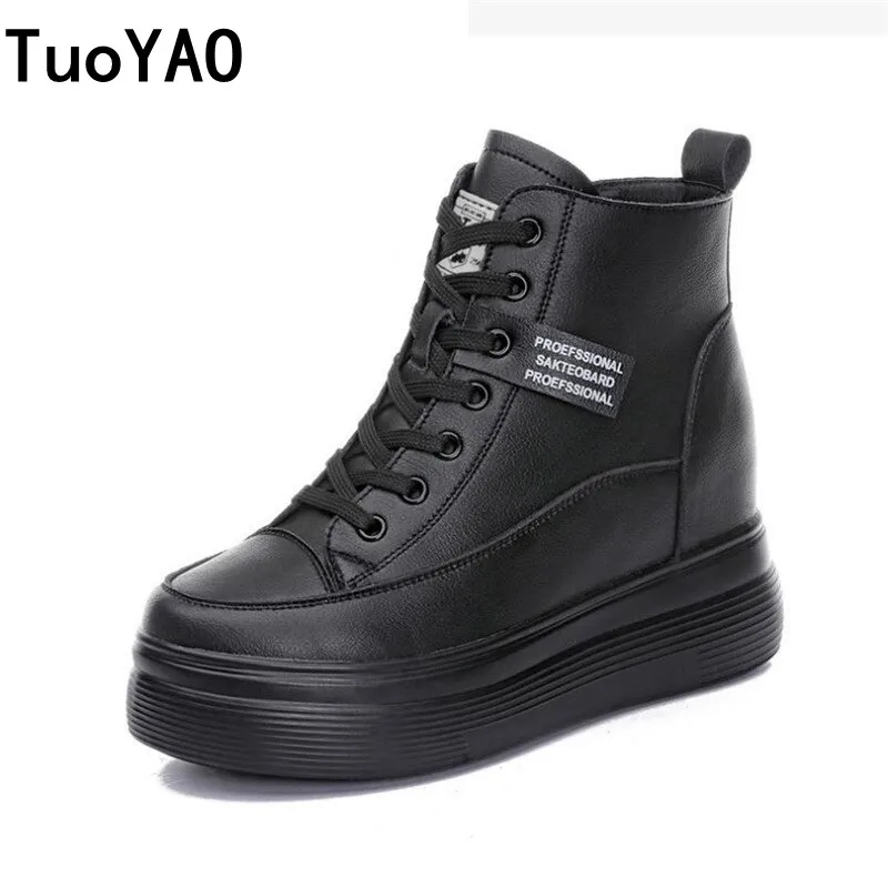 Women 8cm Platform Wedge Sneakers Black Shoes Spring Autumn Genuine Leather Footwear Keep Warm Fashion Sneakers Winter Shoes New