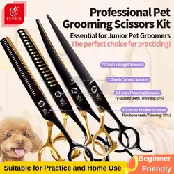 Fenice Professional Black and Gold Two-Color Pet Dogs Grooming Scissors Set for Small Dogs Straight Curved Thinning  Shears