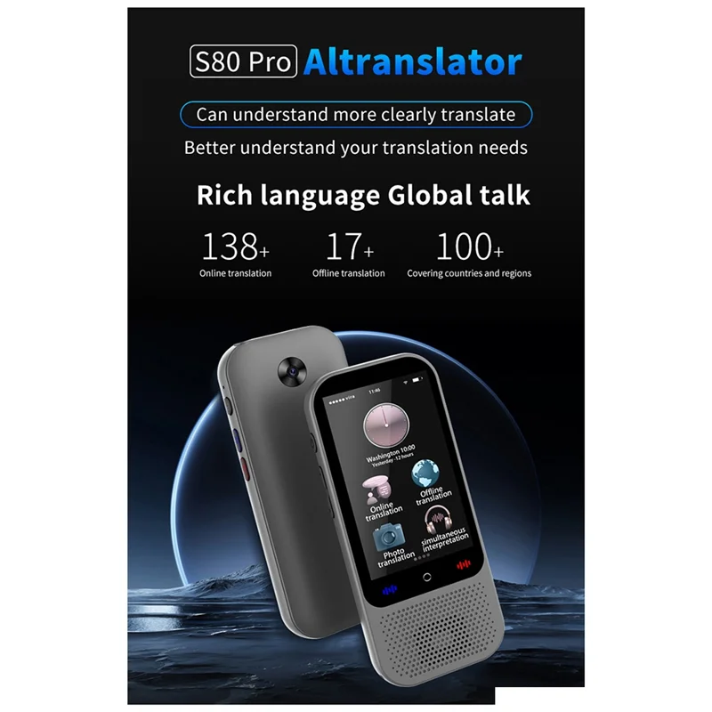 

Portable Translation Machine S80 Pro Chatgpt Real-Time Languages Translate Smart Voice Photo Text Recording Translator-A32R