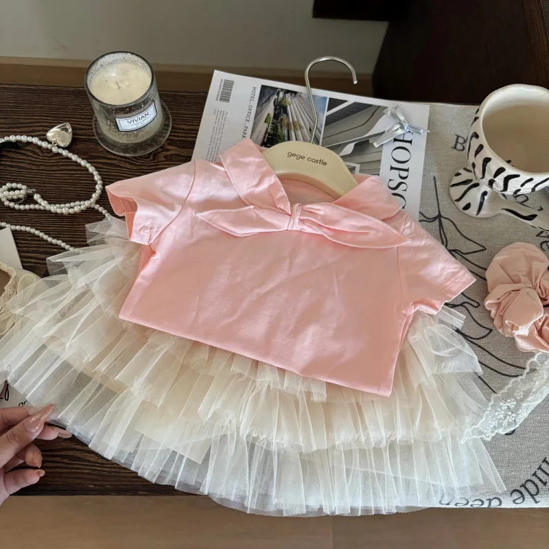 

Korean Children's Clothing 2025 New Summer Girls Bow Tie Short-sleeved T-shirt Children Tutu Skirt Gauze Skirt Two-piece Set