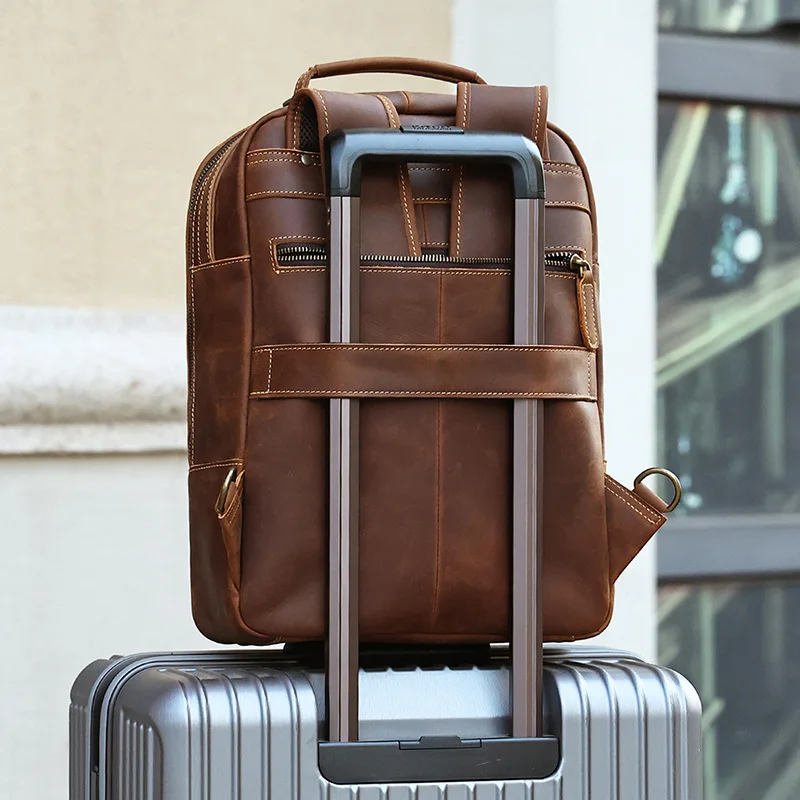 Retro Genuine Leather Backpack Large Capacity 15.6 Inch Crazy Horse Leather Computer Bag High-end Travel Backpack