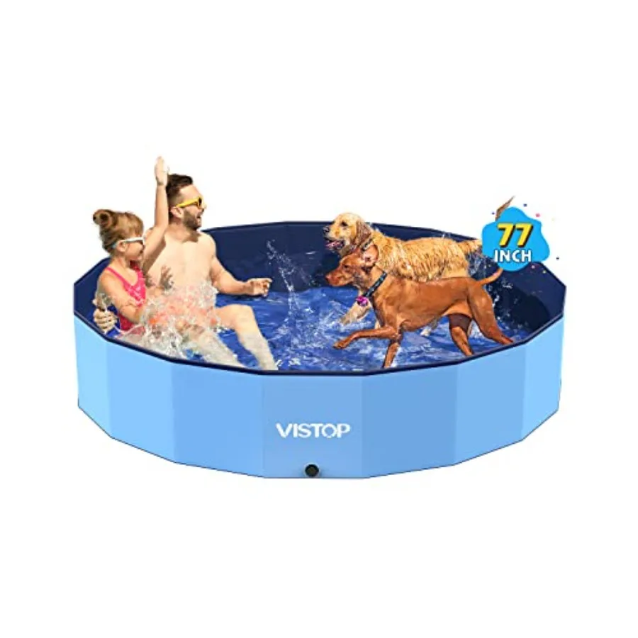 

Jumbo Foldable Dog Pool for outdoor pet bathing and kids' play, hard plastic shell, blue, portable and collapsible with 77inch.