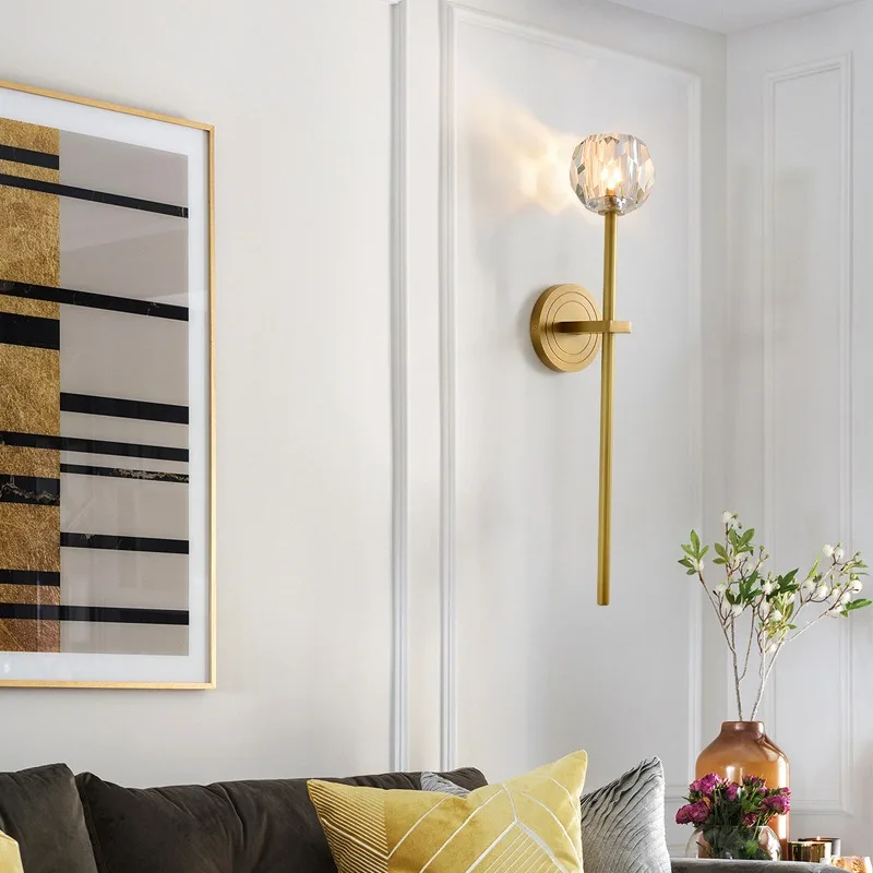 American all-copper bedside lamps Nordic post-modern simple bedroom mirror headlight living room TV wall K9 crystal wall lamp
