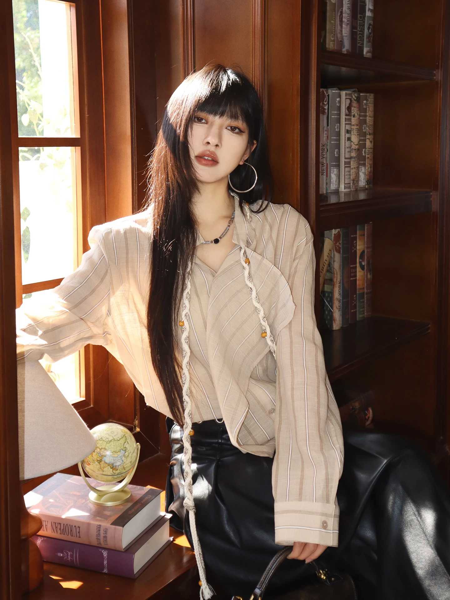 

Женская свободная блузка с длинным рукавом в ретро-стиле, тонкая, с V-образным вырезом, в полоску, из полиэстера, для повседневной носки