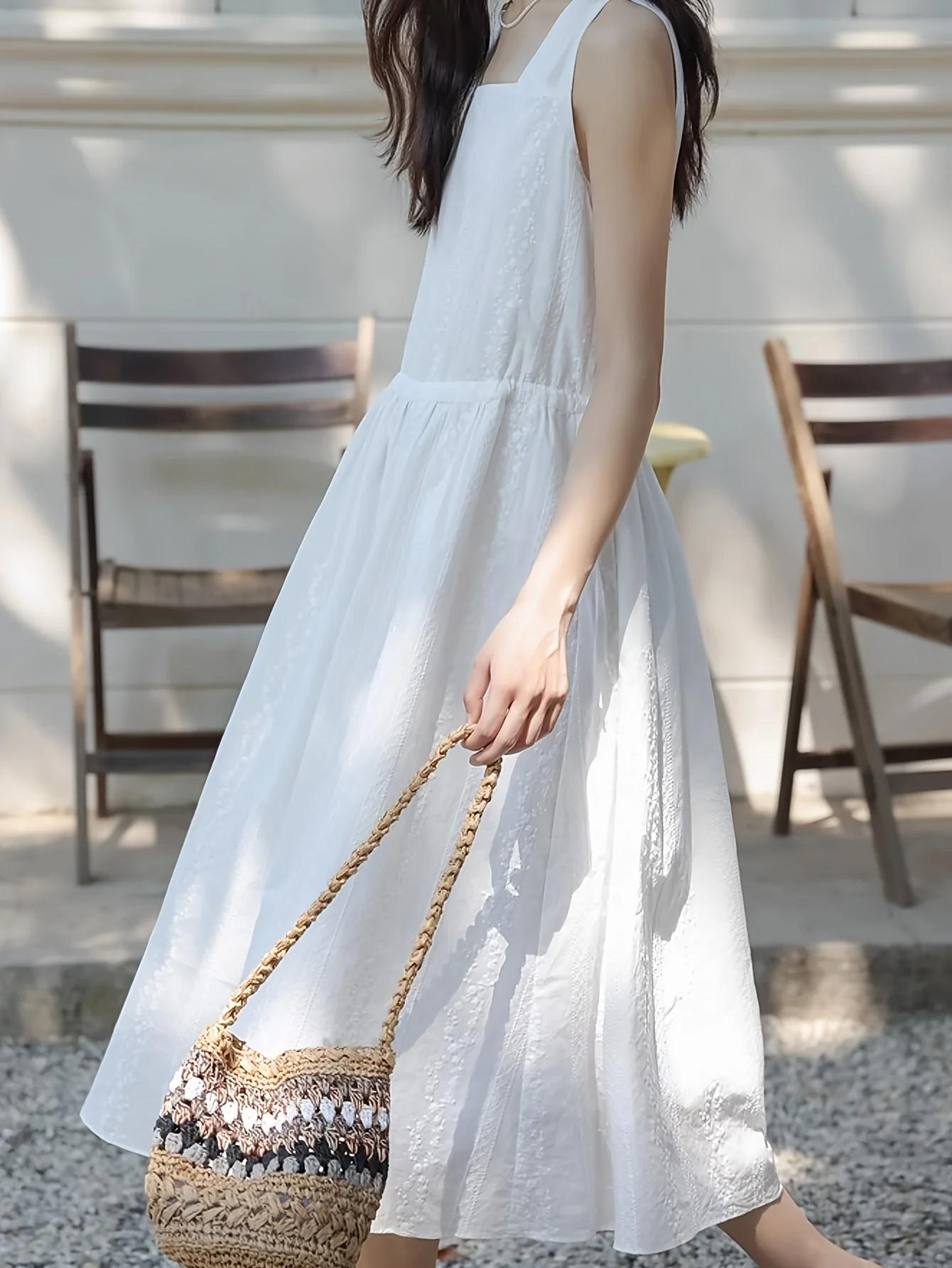 Korean version of patterned square neck vest dress for women in summer with drawstring waistband white long skirt