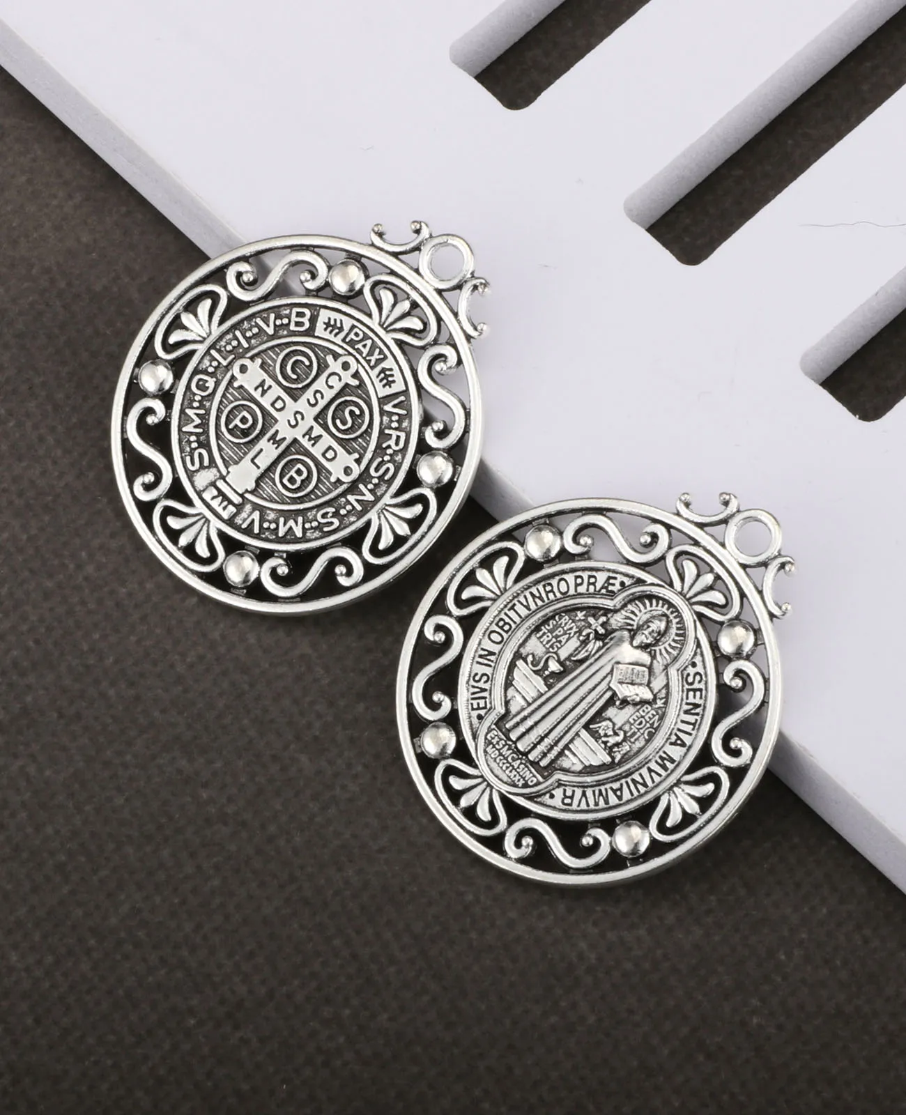 5Pcs Exorcism Saint Benedict Pendant Medal Hollow Floral Christian CSPB Patron St.Benedict Medallion for DIY Accessories