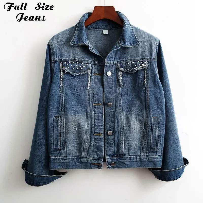 

Vintage Blue Ripped Tassel Rivet Jean Jacket Women streetwear Long Sleeve casual Bomber jeans Jackets Casual Short Denim Jackets