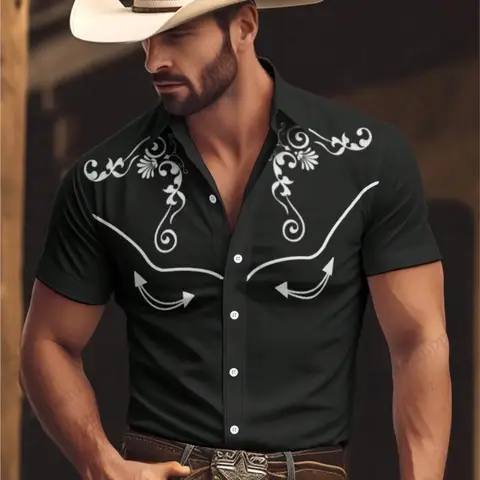 Men's Western Style Shirt Vintage Clothes Denim Cowboy 3d Print Country Shirt Men Women Fashion Short Sleeve Casual Lapel Blouse