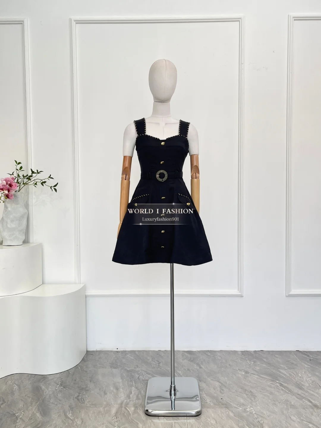 

Black Sleeveless Sweetheart Neck Golden Buttons Mini Dress for Women