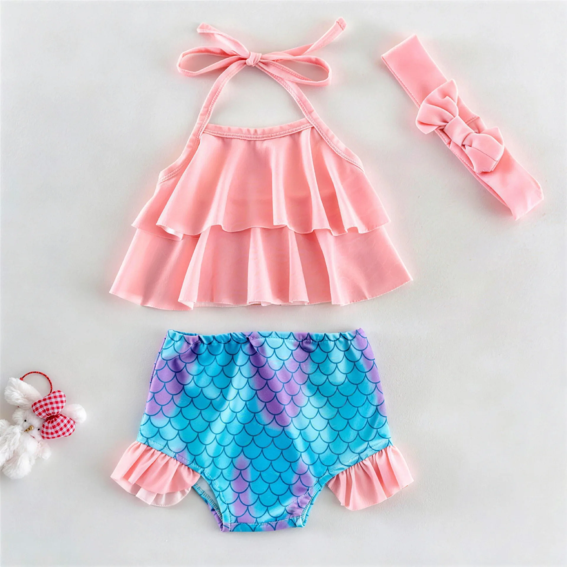 New Girls' Swimsuit Split Cute Baby Children Female Baby Fish Scale Hanging Neck Three Piece Set Swimsuit