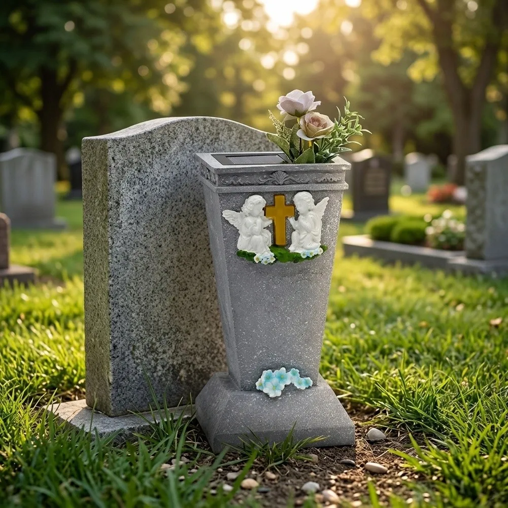 Memorial Flower Holder in Resin with Two Praying Angels and For Cross Symbol for Graveside Decoration and Honoring Loved