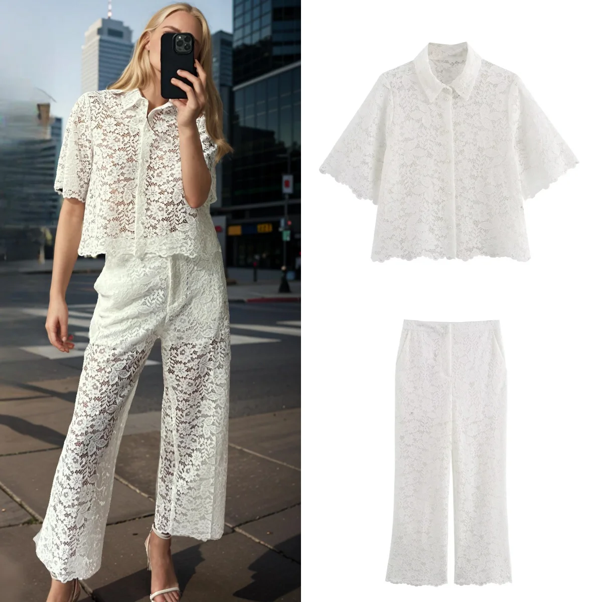 

TRAF Feminine Hollow Lace Decorated Short Casual Lapel Women's Shirt Short Sleeve Shirt Casual Shorts Chic Top Pants Suit 2024