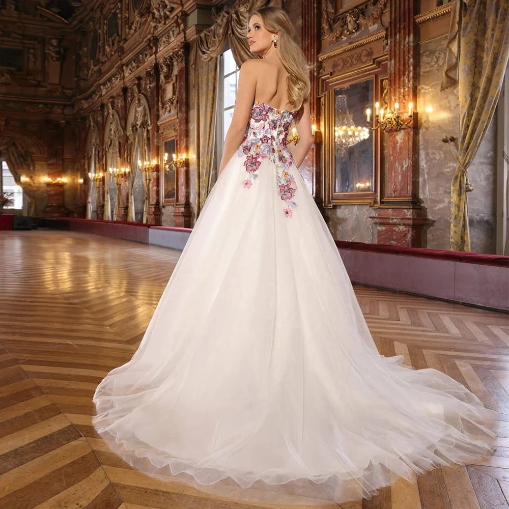 Customized Colored Sweetheart Neck Sleeveless Backless A-Line Floor Length Wedding Dresses Tulle Flowers Appliques Bridal Gowns