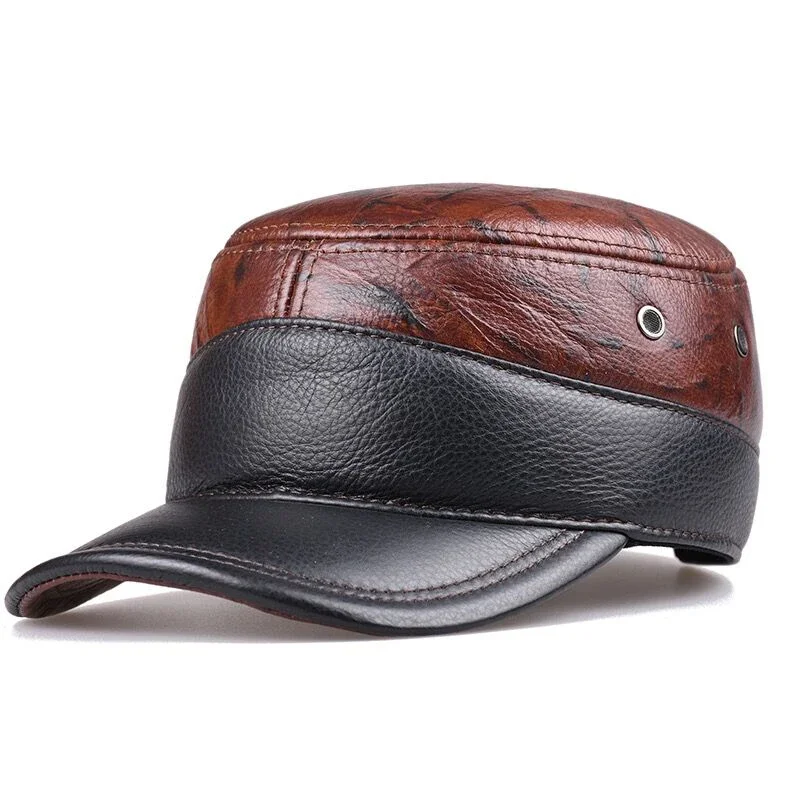Real Leather First Layer Cowhide Cap Men Flat Caps Army Military Hat Elegant Man Baseball Cap Adjustable Ear Warm Dark Brown/Kha