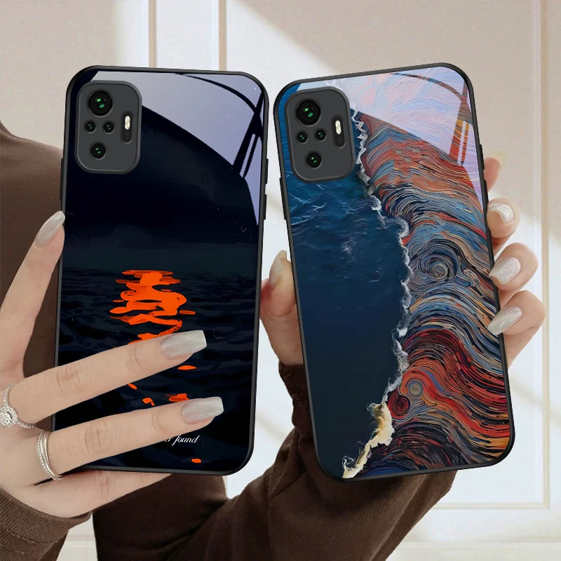 

Orange red water surface For Redmi Note 8 9 9S 12S 10 Pro 11 12 13 Pro+ 14 Pro K60 Ultra 13C 14C A3 12 13 Black Glass Phone Case