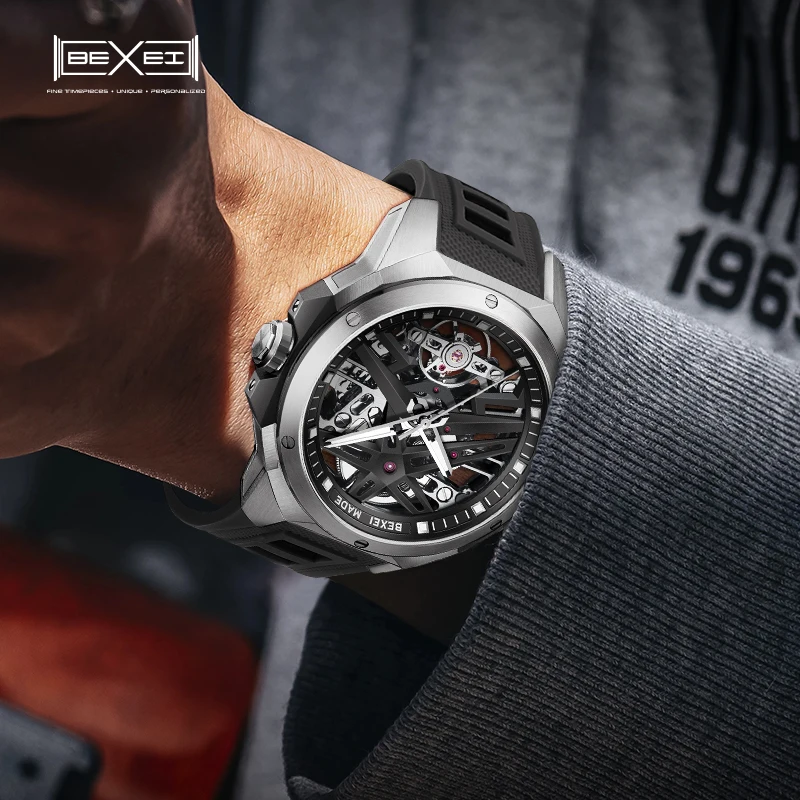 BEXEI Automatic movement mechanical men\'s watch luminous skeleton Synthetic sapphire waterproof business wrist watch news 9121