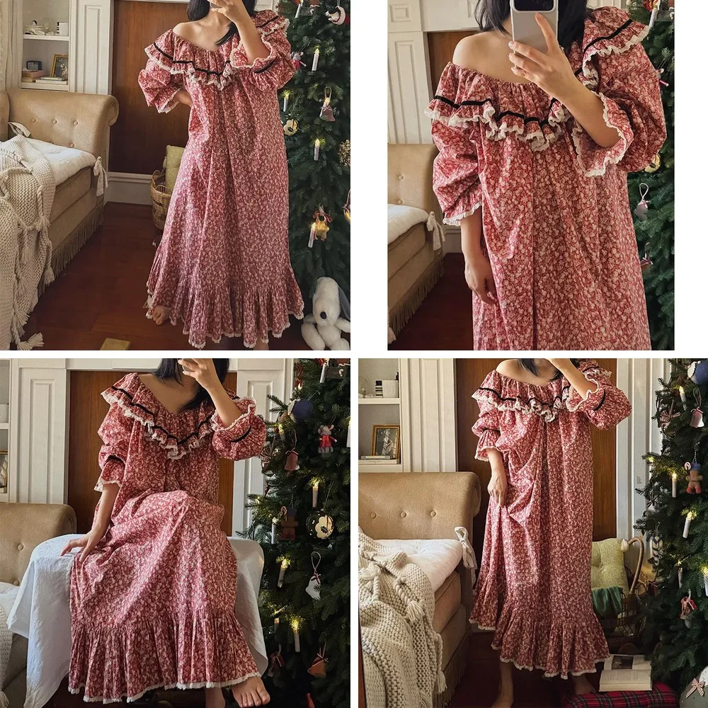 

French Retro Floral Print Nightgown 100% Cotton Women's Sleepwear Summer Loungewear