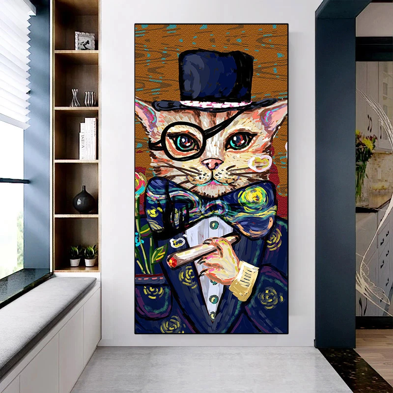 Imitation oil painting smoking king Peking opera acrobatics cat suit canvas painting, poster, living room home decor, no frame