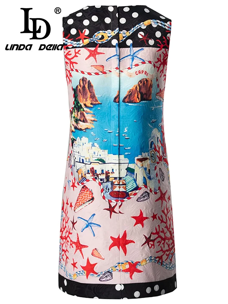 LD LINDA DELLA Summer Runway Fashion Dresses Women\'s Temperament Bohemian Polka Dot Beach Print Jacquard Sleeveless Tank Dresses