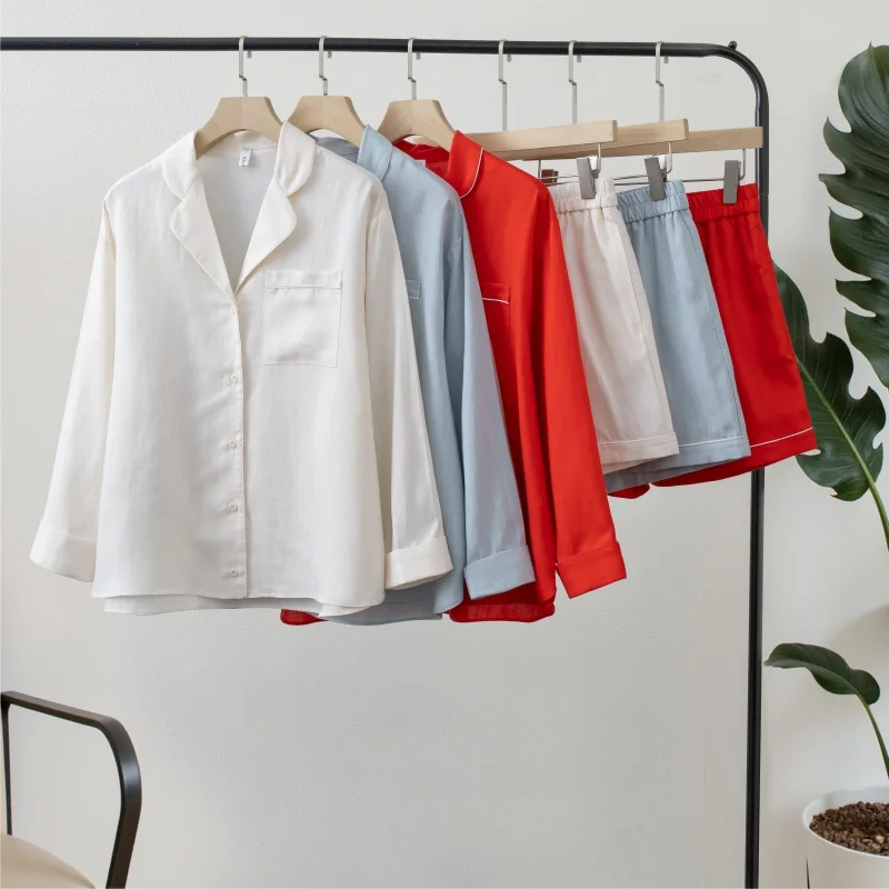 

Summer New Design Women's Pajamas Style Loungewear Set Long-sleeved Top Elastic Waist Shorts Two-piece Set