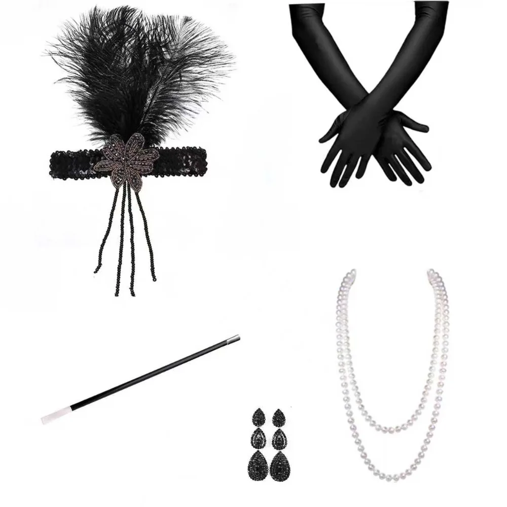 PESENAR Retro zestaw imprezowy w stylu retro (akcesoria do włosów z piór, długie rękawiczki, łańcuszki z pereł, itp.)