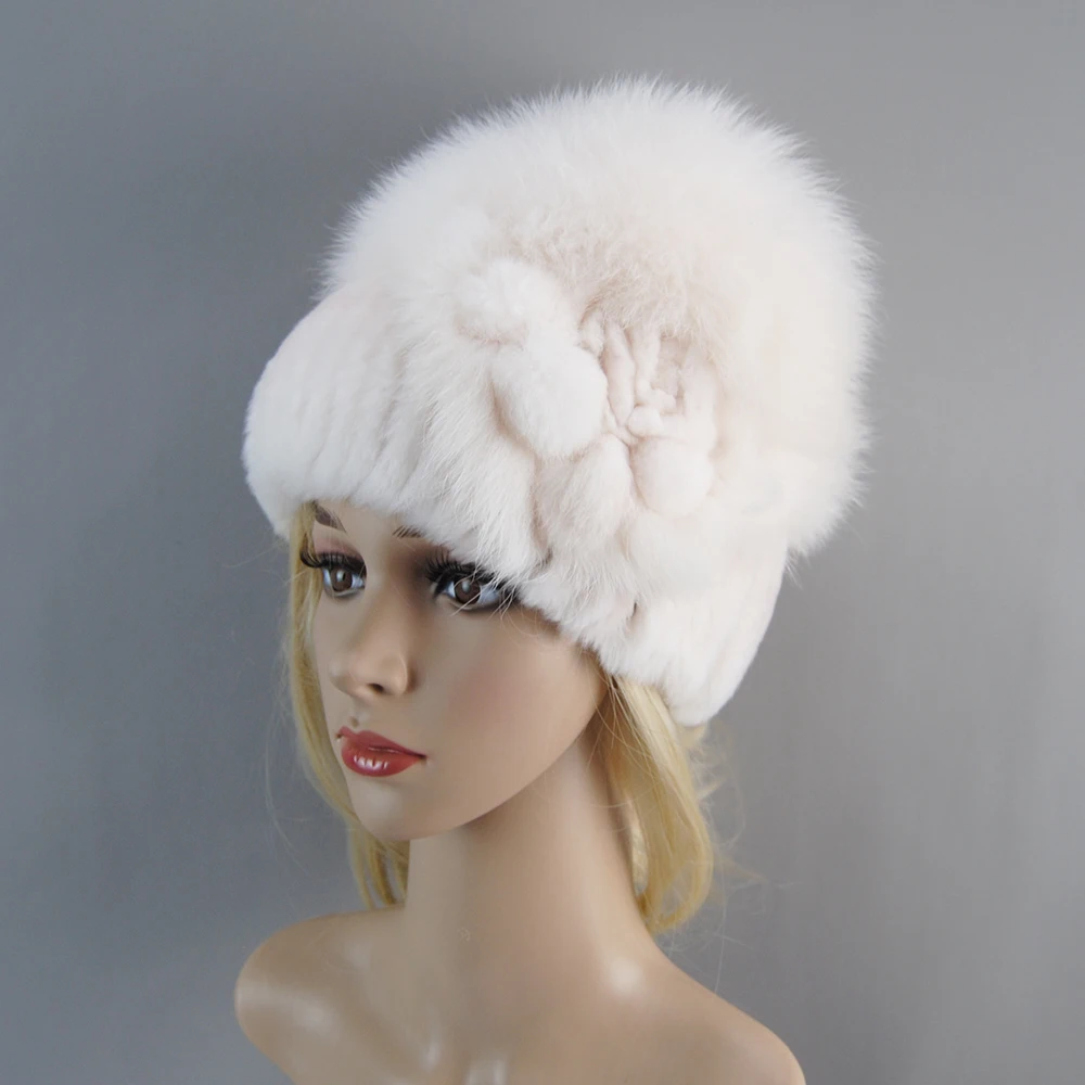 Sombrero de piel de conejo Rex para mujer, gorro cálido de punto, cosido a mano, Floral, elegante, frío, peludo, Natural, invierno, 2024