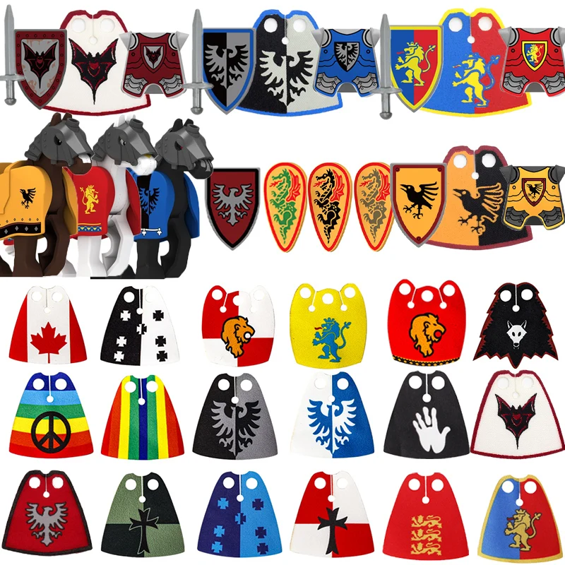 MOC Medieval Building Blocks Knights Camouflage Black Eagle Red Lion Crow Cloak Armor Warhorse Sheild Weapon Accessories Bricks