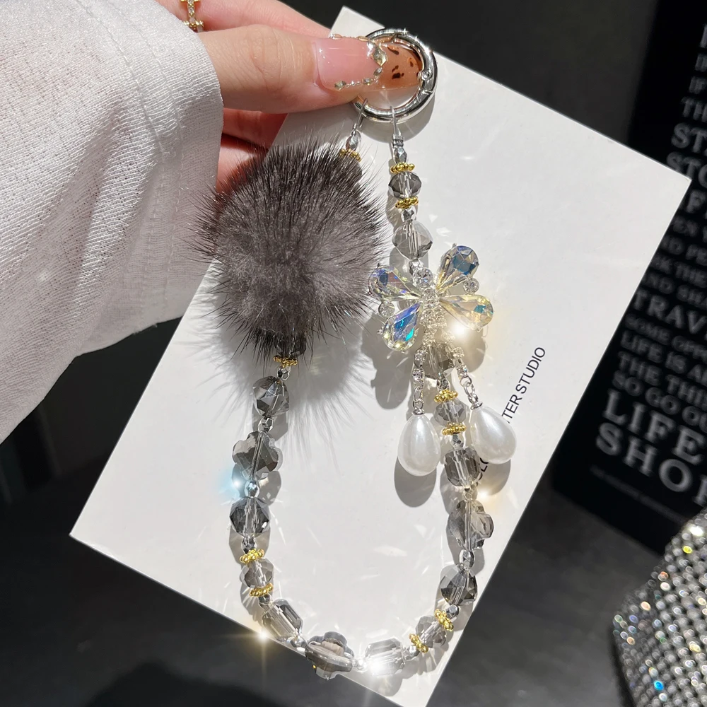 Cute Phone Lanyard Phone Chain Beaded Bracelet Short Style Wrist Strap Women Butterfly Woolen ball Crystal phone charm strap