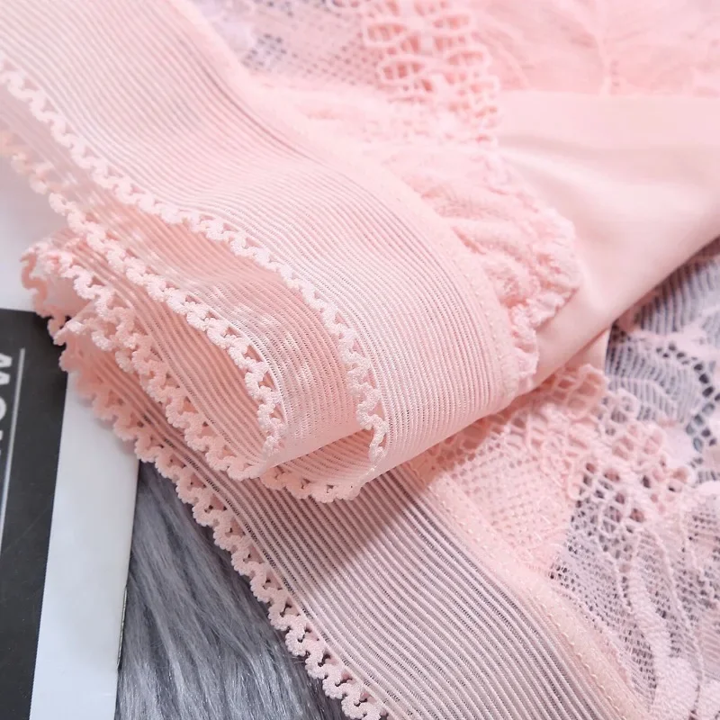 Women\'s Sexy Lace Panties Mid Waist Ice Silk Underwear Plus Size Transparent Seamless Briefs Hollow Out Mesh Panty Lingerie S-XL