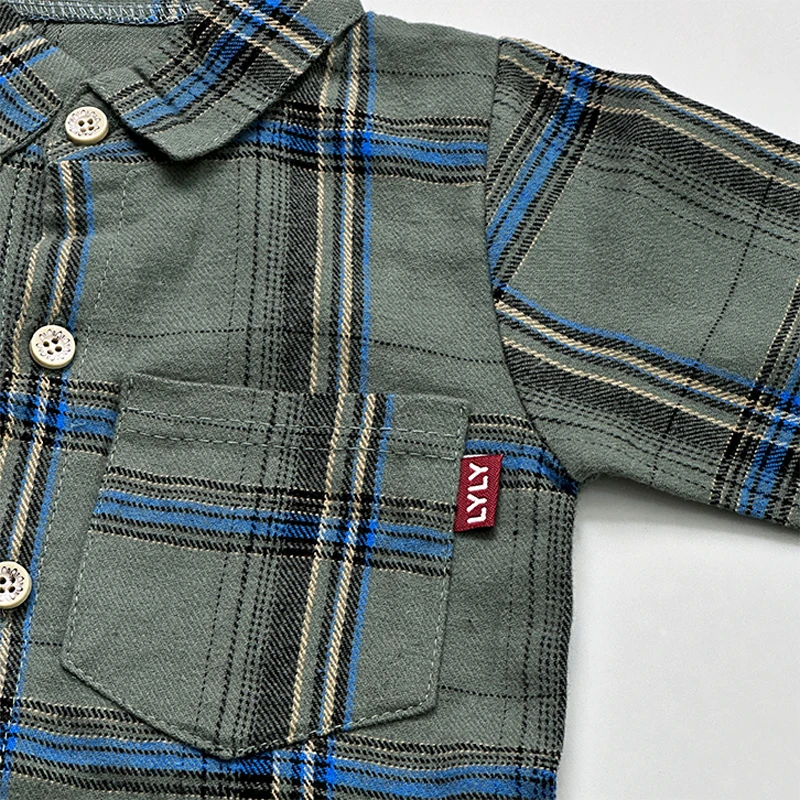 Baby boy clothes suits handsome plaid kids boys long-sleeved lapel shirt + denim trousers 2-piece set