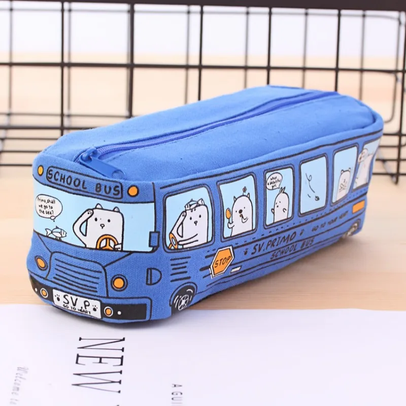 Cartoon Bus Potlood Tas Canvas Grote Capaciteit Auto Rits Pennenkast Voor Student Briefpapier Schoolbenodigdheden Kinderen Geschenken