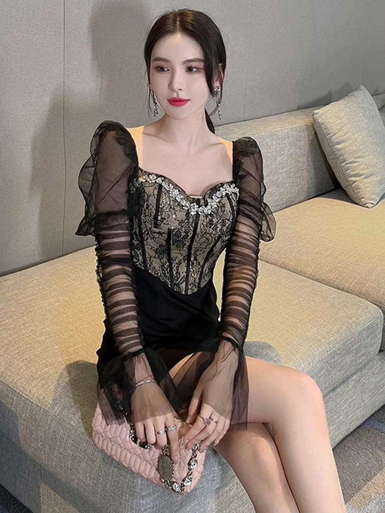 Vestidos de festa elegantes do vintage das mulheres senhora sexy luxo diamantes renda malha ver throngh manga longa vestido curto clube vestidos de baile