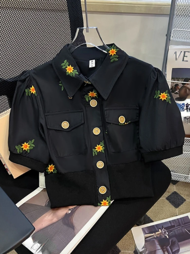 French Elegant Blouses Puff Sleeve Flower Embroidery Single Breasted Crop Tops Shirts Design Aesthetics Summer Women\'s Clothing