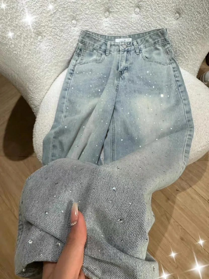 

Light Blue Glitter Rhinestone Heavy Embellished Wide Leg Jeans Summer New plus Size Loose Slimming Floor Length Trousers