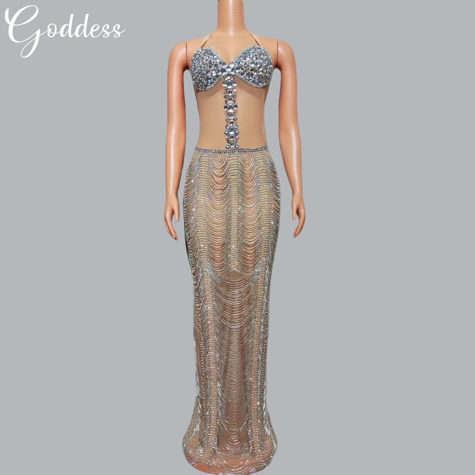 

Haute Couture Backless Evening Gown Luxurious Women's Elegant Dress Dancing Floor Birthday Party Sparkly Rhinestone Chains Dress