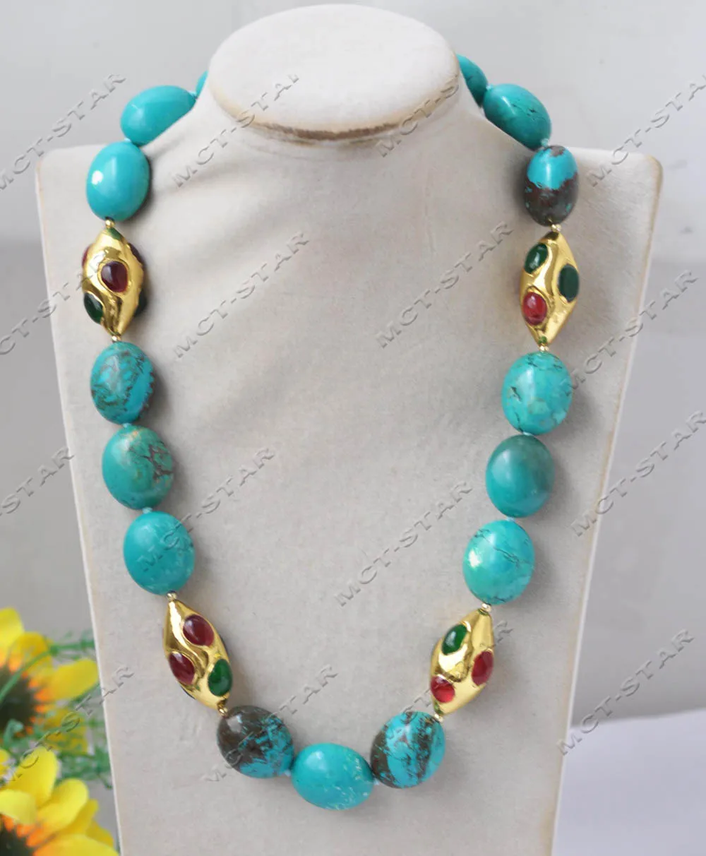 Z13568 Big 21'' 23mm Ellipsoid Egg Green Turquoise Red Green Agate Shuttle  Necklace